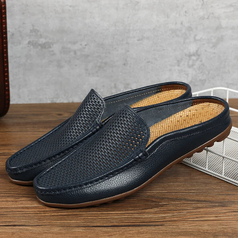 Italian Shoes Men Luxury Genuine Leather Loafers Moccasins Black Soft Outdoor Driving Flat Non-slip Fashion Slippers Summer