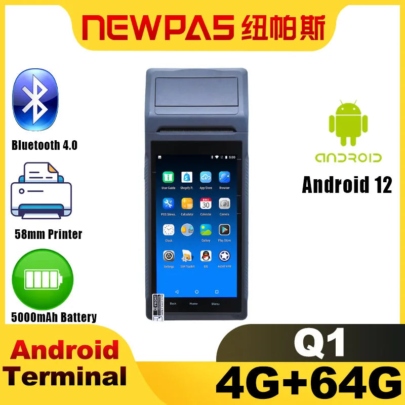 NEWPAS Q1 Handheld Android 12 POS Terminal with 4G NFC Camera to Scan QR Code and 58mm Thermal Printer Mini POS