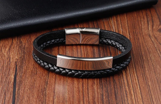 Geometric Accessories Multi-layer Stainless Steel Men's Leather Bracelet Hand-woven Black Leather Combination Christmas Gift