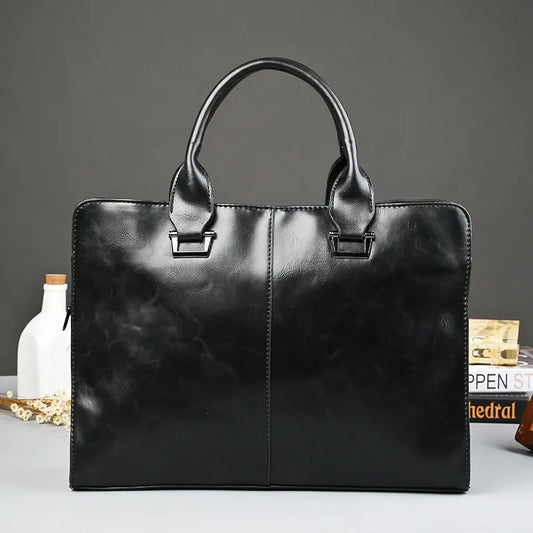 Men's Business office Briefcase Computer Laptop Handbag male Top PU Leather Tote man Large Solid Shoulder bags Black Vintage bag