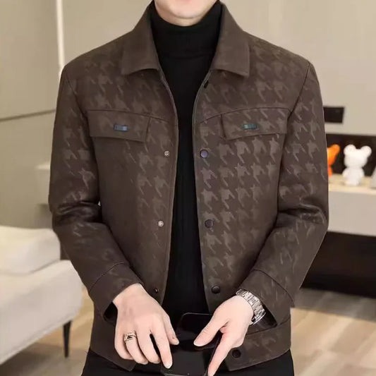 New Fashion Men Houndstooth Leather Jackets Male Spring Autumn Slim Casual Leather Coats Good Quality Man Leather Jackets 5XL