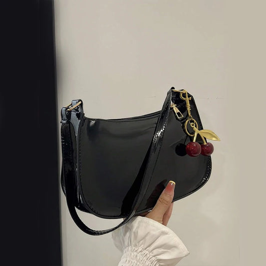 Women's PU Leather Handbag Versatile Fashion Solid Color Cherry Pendant Shoulder Bag Casual Commuting Bag Girl Underarm Bag