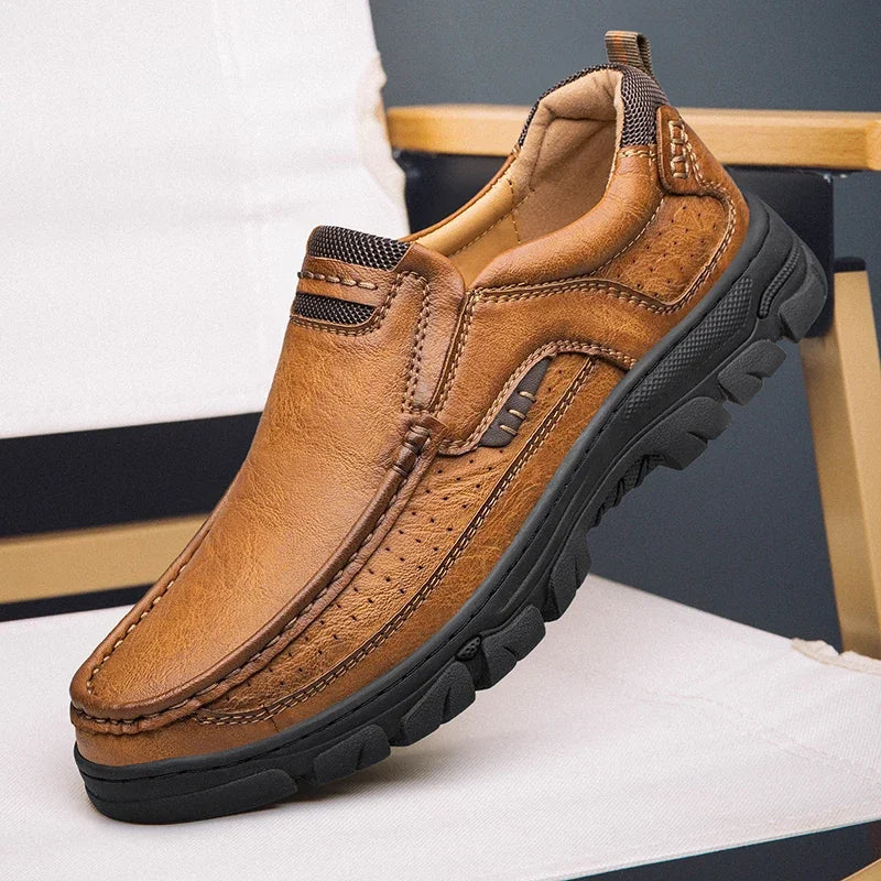 Men's Slip-On Casual Leather Shoes 2026 Wear-Resistant Anti-Skid Round Toe Loafers Thick Bottom Dress Footwear chaussure hommes