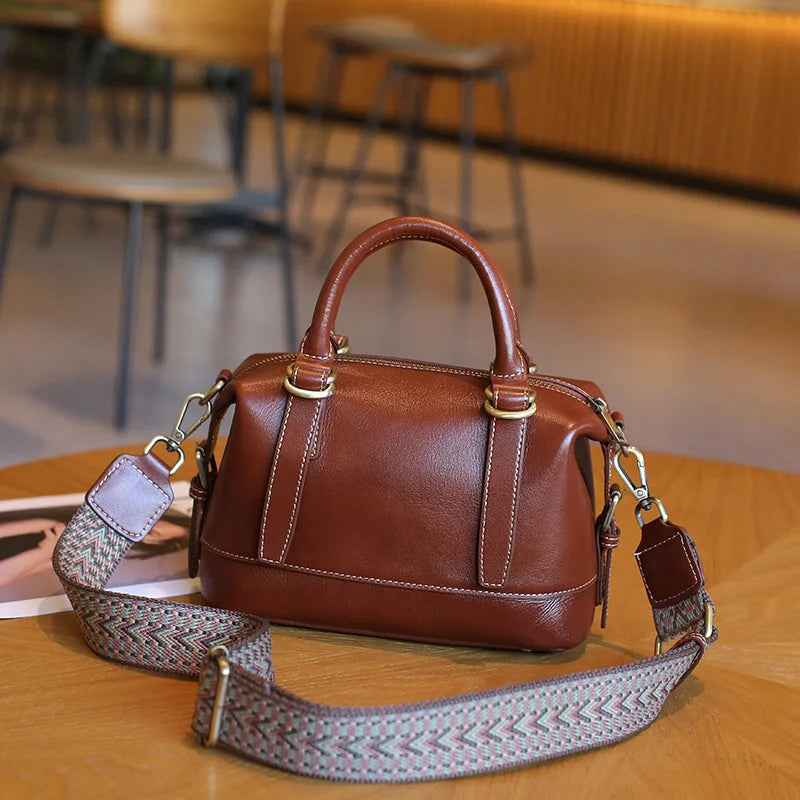 New Genuine Leather Boston Bag for Women First Layer Cowhide Shoulder Crossbody Handbag Elegant Versatile Top Handle Purse