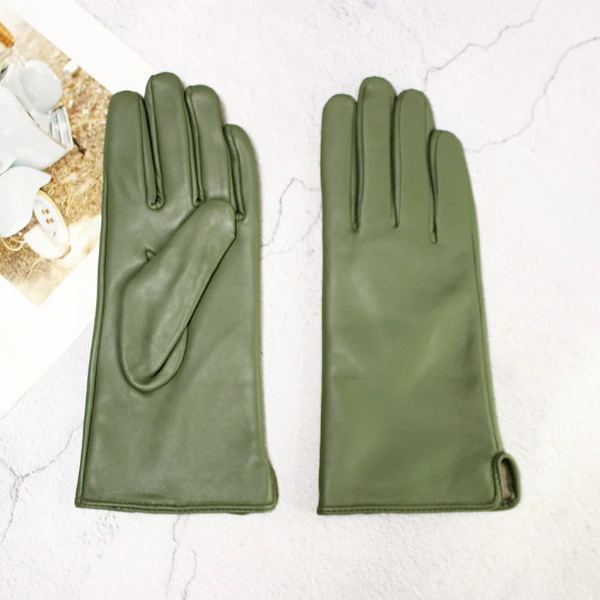Leather Sheepskin Gloves Women's Autumn Warm Fleece Lining Color Fashion Thin Outdoor Activities Electric Bike Riding Driving