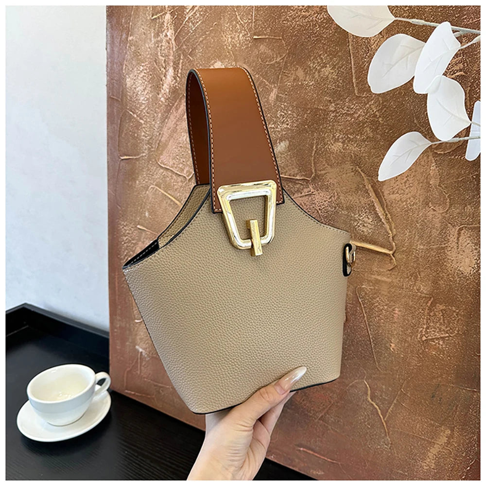 Luxury Bucket Handbags for Women Casual Contrast Color Small Basket Bag Single Shoulder Bags Lychee Pattern Leather Shoulder Bag
