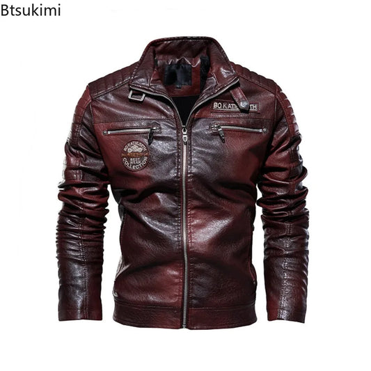2026 Leather Jackets Men's Autumn Winter Fleece Motorcycle PU Leather Jackets Vintage Casual Stand Collar Windbreaker Slim Coats
