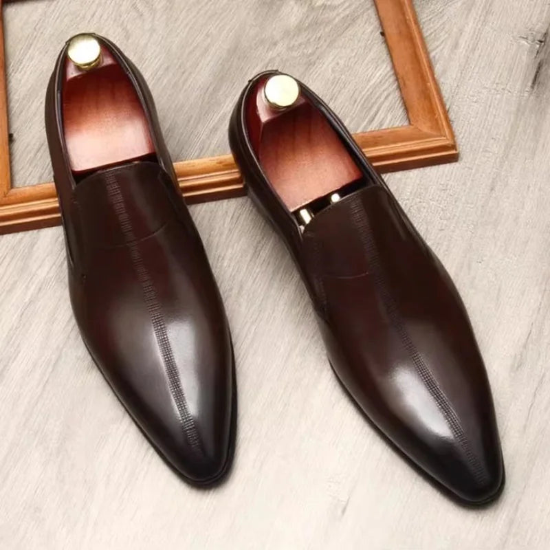 Men's Genuine Leather Pointed Toe Loafers Slip-on Leather Dress Shoes Business Office Wedding for Men Flats Shoes