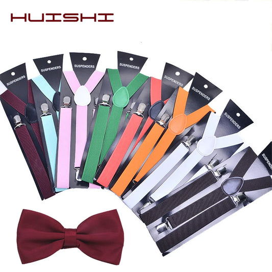 Suspenders Man Bowtie Solid Color Elastic PU Leather Suspenders For Man Belt Adjustable Straps For Wedding Bow Tie Accessories