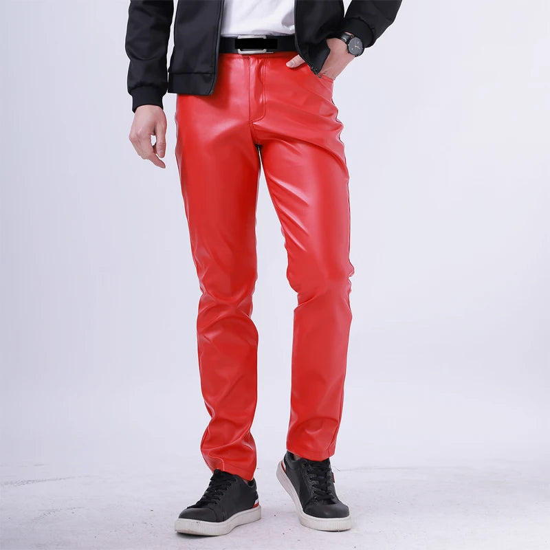 Men Leather Pants Skinny Fit Elastic Fashion PU Leather Trousers Wet Look Stretch Faux Leather Motorcycle Pants Thin Streetwear