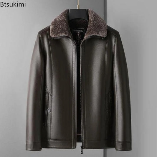 New Men's Leather Jackets Autumn Winter Fleece Warm Motorcycle Coat Fashion Business Casual PU Leather Jacket Men Slim Outerwear