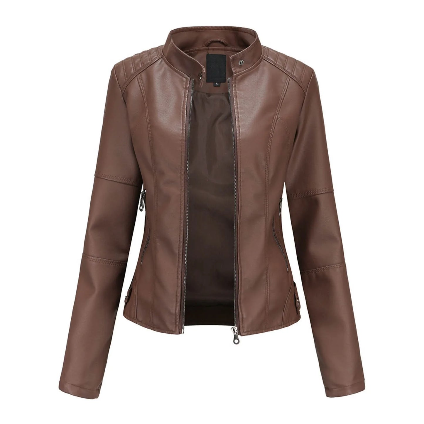 Women's Solid Color Pu Leather Jackets Slim Fit Zipper Leather Bomber Coat Turtleneck Women's Motorcycle Leather Jackets куртка