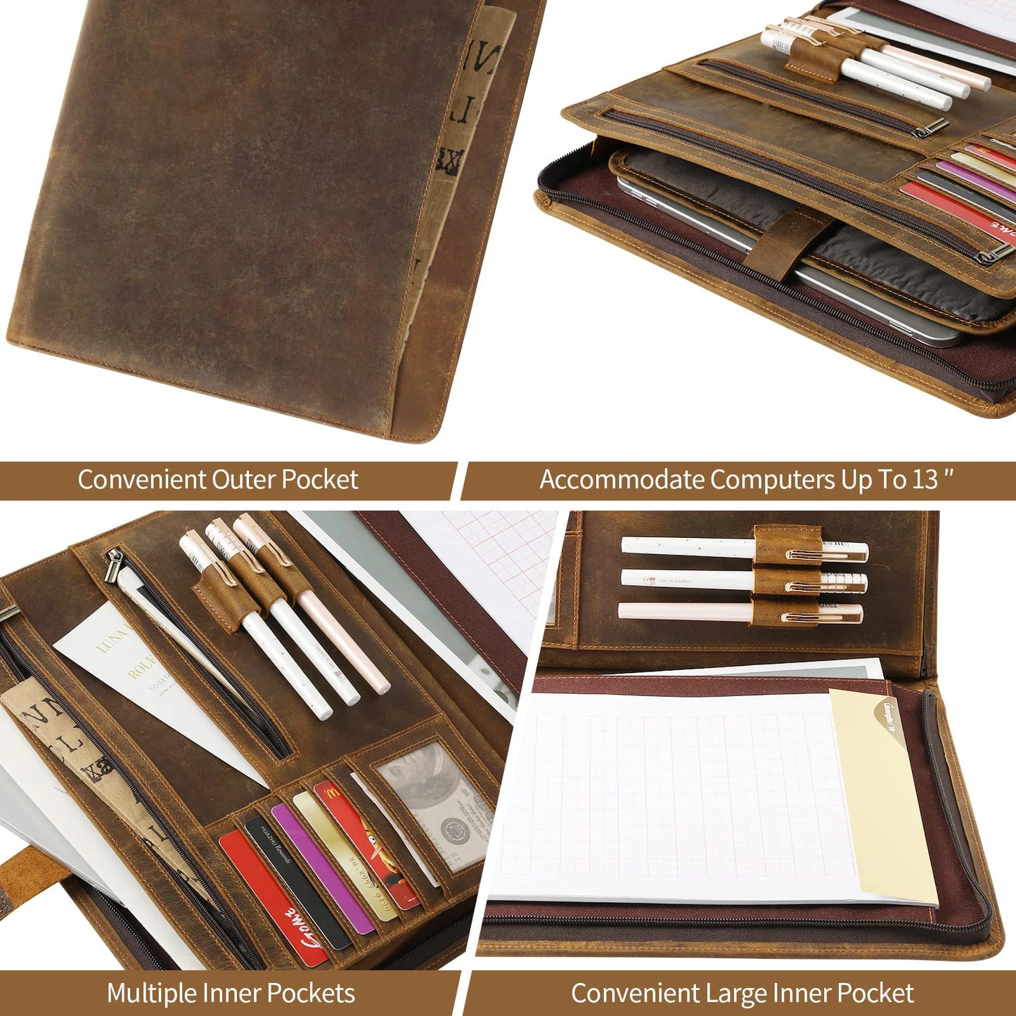 Vintage Crazy Horse Full Grain Leather Briefcase - 12.9" Laptop Bag 25x33x4cm Folder Organizer, 700g Lightweight Mens Office Bag