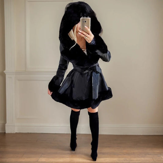 Faux Fur Jackets for Women Elegant Contrast Color Fur Collar Belt Coat Streetwear Lapel Warm Ruffled Hooded Waist-Tight Jacket