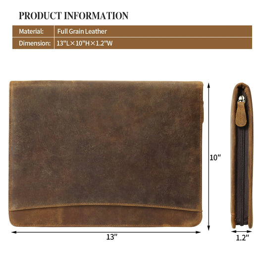 Vintage Crazy Horse Full Grain Leather Briefcase - 12.9" Laptop Bag 25x33x4cm Folder Organizer, 700g Lightweight Mens Office Bag