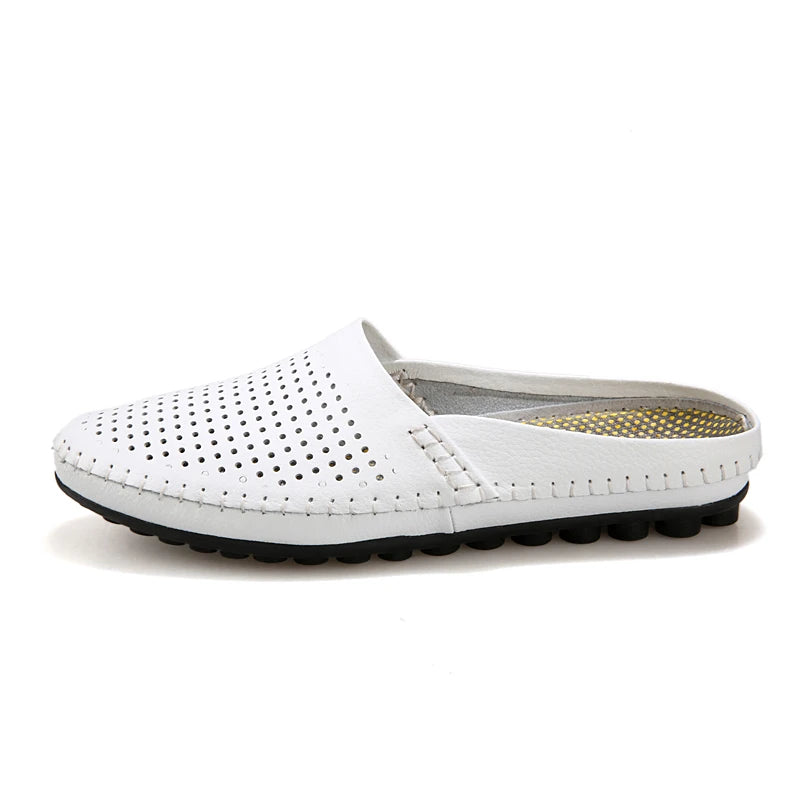 Genuine Leather Half Shoes For Men Slip On Mules Casual Loafers Leather Slippers Indoor Outdoor High Quality Summer Breathable