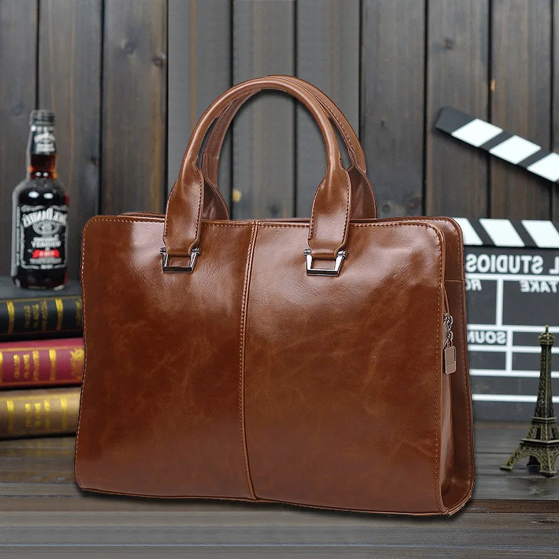 Men's Business office Briefcase Computer Laptop Handbag male Top PU Leather Tote man Large Solid Shoulder bags Black Vintage bag