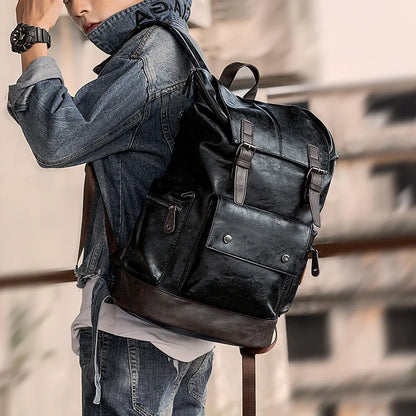 Large Men PU Leather Backpack Anti-theft Laptop Notebook Tas Black Baggage Boy Schoolbag Male Business Shoulder Bag Mochila