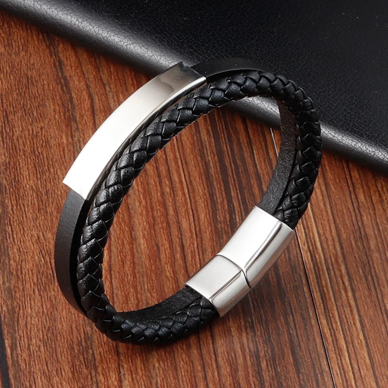 Geometric Accessories Multi-layer Stainless Steel Men's Leather Bracelet Hand-woven Black Leather Combination Christmas Gift