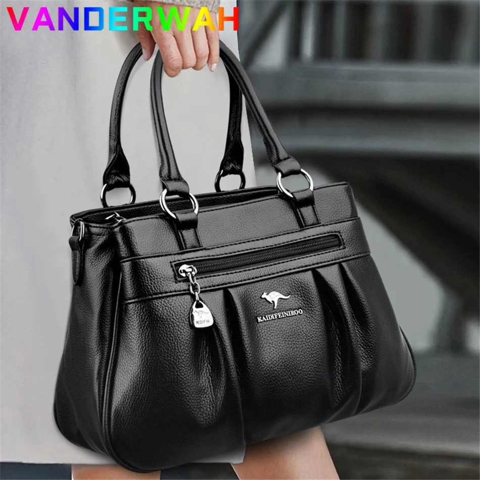 High Quality Leather Handbags Purse Luxury 3 Layers Women Shoulder Croosbody Tote Large Capacity Top-handle Female Ruched Sac