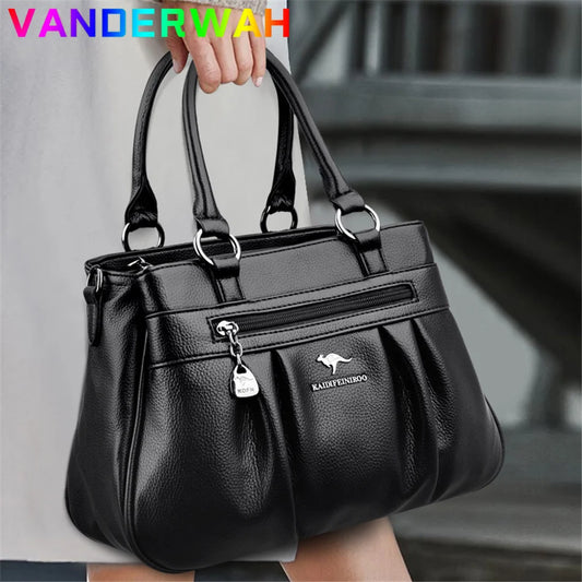 High Quality Leather Handbags Purse Luxury 3 Layers Women Shoulder Croosbody Tote Large Capacity Top-handle Female Ruched Sac