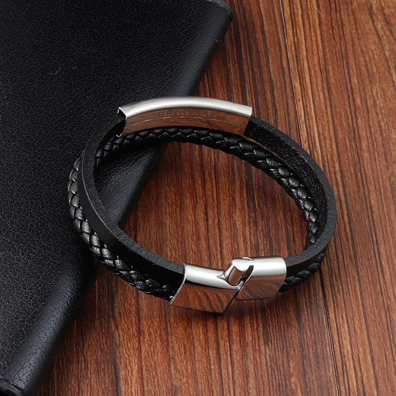 Geometric Accessories Multi-layer Stainless Steel Men's Leather Bracelet Hand-woven Black Leather Combination Christmas Gift