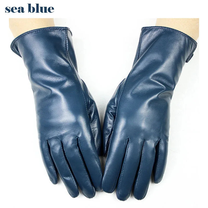 Leather Sheepskin Gloves Women's Autumn Warm Fleece Lining Color Fashion Thin Outdoor Activities Electric Bike Riding Driving