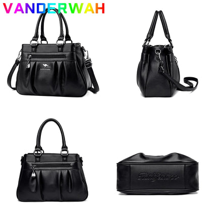 High Quality Leather Handbags Purse Luxury 3 Layers Women Shoulder Croosbody Tote Large Capacity Top-handle Female Ruched Sac