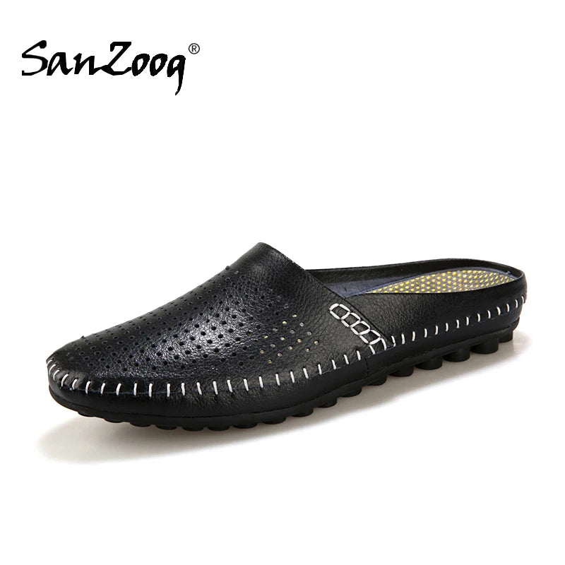 Genuine Leather Half Shoes For Men Slip On Mules Casual Loafers Leather Slippers Indoor Outdoor High Quality Summer Breathable