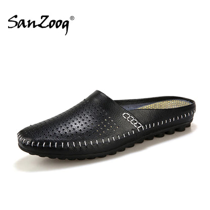 Genuine Leather Half Shoes For Men Slip On Mules Casual Loafers Leather Slippers Indoor Outdoor High Quality Summer Breathable