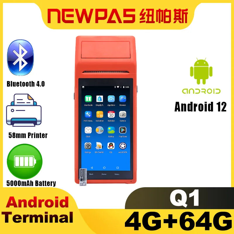 NEWPAS Q1 Handheld Android 12 POS Terminal with 4G NFC Camera to Scan QR Code and 58mm Thermal Printer Mini POS