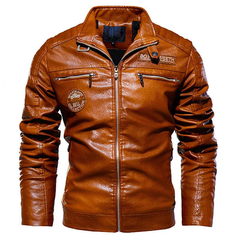 Leather Jacket Men Winter Fleece Motorcycle PU Leahter Jacket Male Stand Collar Casual Windbreaker Ropa De Hombre Coat Plus Size
