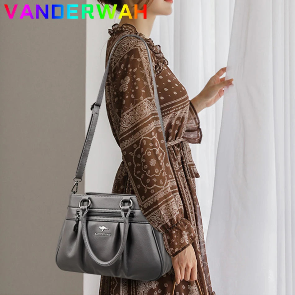 High Quality Leather Handbags Purse Luxury 3 Layers Women Shoulder Croosbody Tote Large Capacity Top-handle Female Ruched Sac