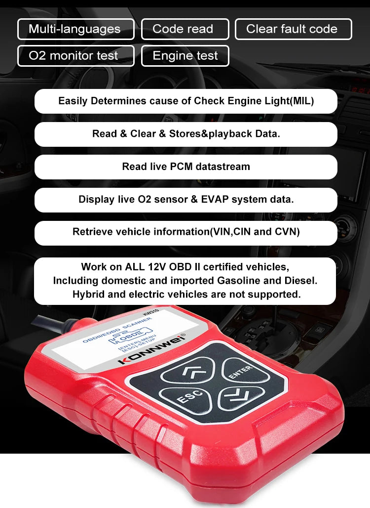 KONNWEI KW310 OBDII Diagnostic Scanner Vehicle Engine Diagnosis Code Reader