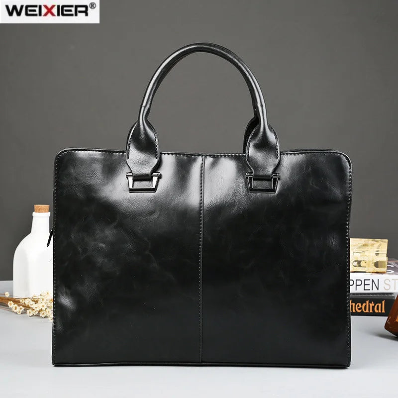 Men's Business office Briefcase Computer Laptop Handbag male Top PU Leather Tote man Large Solid Shoulder bags Black Vintage bag