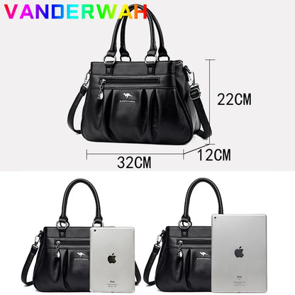 High Quality Leather Handbags Purse Luxury 3 Layers Women Shoulder Croosbody Tote Large Capacity Top-handle Female Ruched Sac