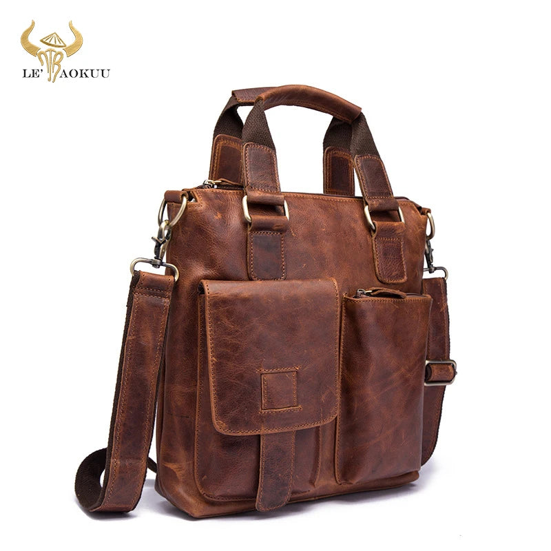 Men Original Leather Retro Designer Business Briefcase Casual 12" Laptop Travel Bag Tote Attache Messenger Bag Portfolio B259