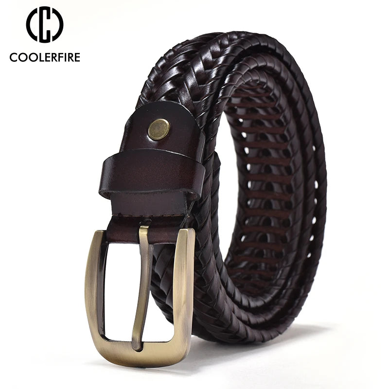 Men Genuine Leather Braided Belts Webbing High Quality Hand Vintage Belts for Men Gold Pin Buckle Casual for Jeans Strap HQ212