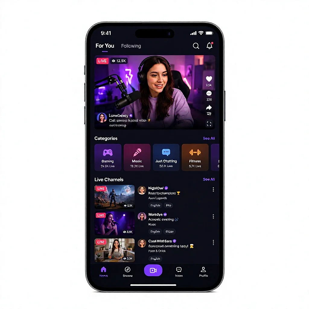 Top-Selling Live Streaming App Development - Custom Branded Android & iOS Solution with HD Streaming & Real-Time Chat Features