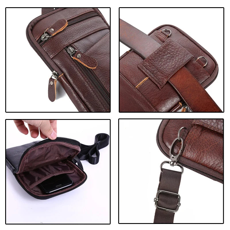 Leather Fashion Phone Pouch Belt Bag Shoulder Crossbody Waist Pack Vintage Outdoor Multi-function Mens Leisure Hanging Waist Bag