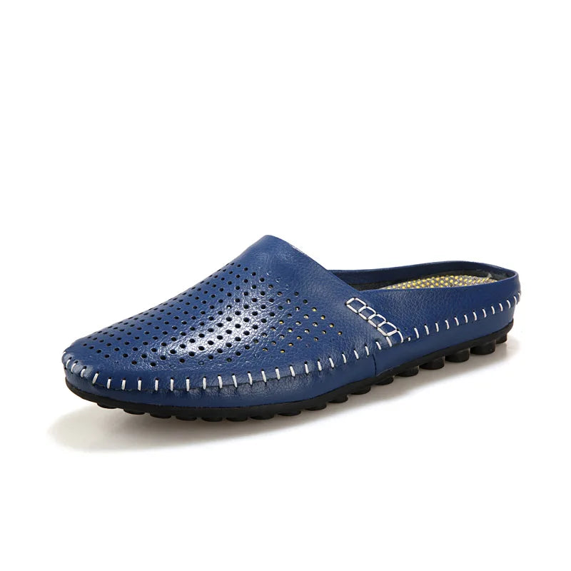 Genuine Leather Half Shoes For Men Slip On Mules Casual Loafers Leather Slippers Indoor Outdoor High Quality Summer Breathable