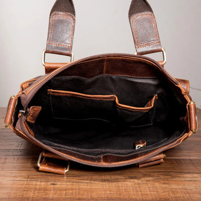 Men Original Leather Retro Designer Business Briefcase Casual 12" Laptop Travel Bag Tote Attache Messenger Bag Portfolio B259