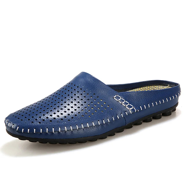 Genuine Leather Half Shoes For Men Slip On Mules Casual Loafers Leather Slippers Indoor Outdoor High Quality Summer Breathable