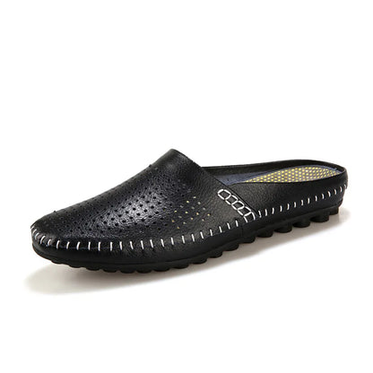 Genuine Leather Half Shoes For Men Slip On Mules Casual Loafers Leather Slippers Indoor Outdoor High Quality Summer Breathable