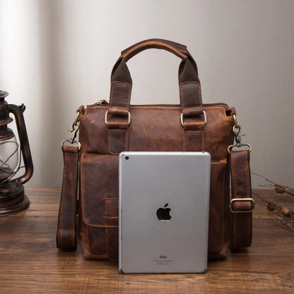 Men Original Leather Retro Designer Business Briefcase Casual 12" Laptop Travel Bag Tote Attache Messenger Bag Portfolio B259