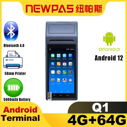 NEWPAS Q1 Handheld Android 12 POS Terminal with 4G NFC Camera to Scan QR Code and 58mm Thermal Printer Mini POS