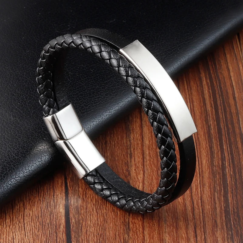Geometric Accessories Multi-layer Stainless Steel Men's Leather Bracelet Hand-woven Black Leather Combination Christmas Gift