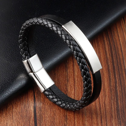 Geometric Accessories Multi-layer Stainless Steel Men's Leather Bracelet Hand-woven Black Leather Combination Christmas Gift