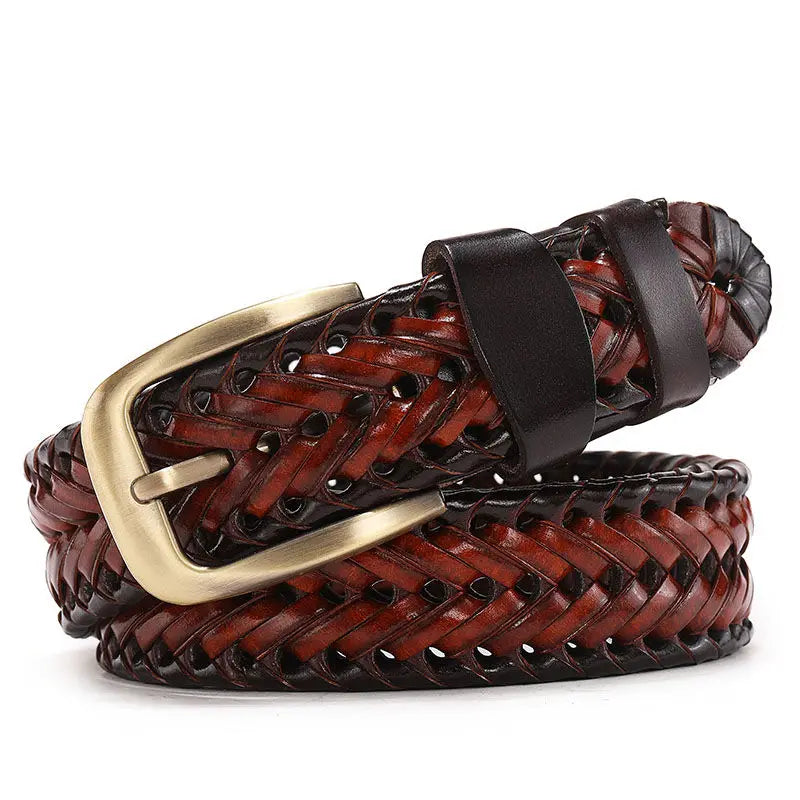 Men Genuine Leather Braided Belts Webbing High Quality Hand Vintage Belts for Men Gold Pin Buckle Casual for Jeans Strap HQ212