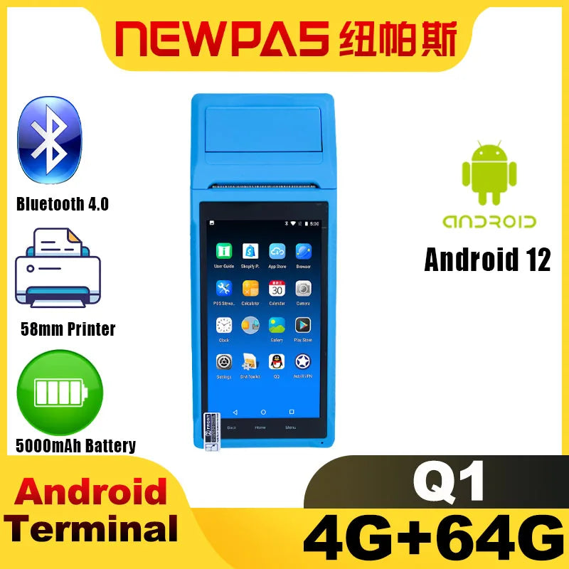 NEWPAS Q1 Handheld Android 12 POS Terminal with 4G NFC Camera to Scan QR Code and 58mm Thermal Printer Mini POS